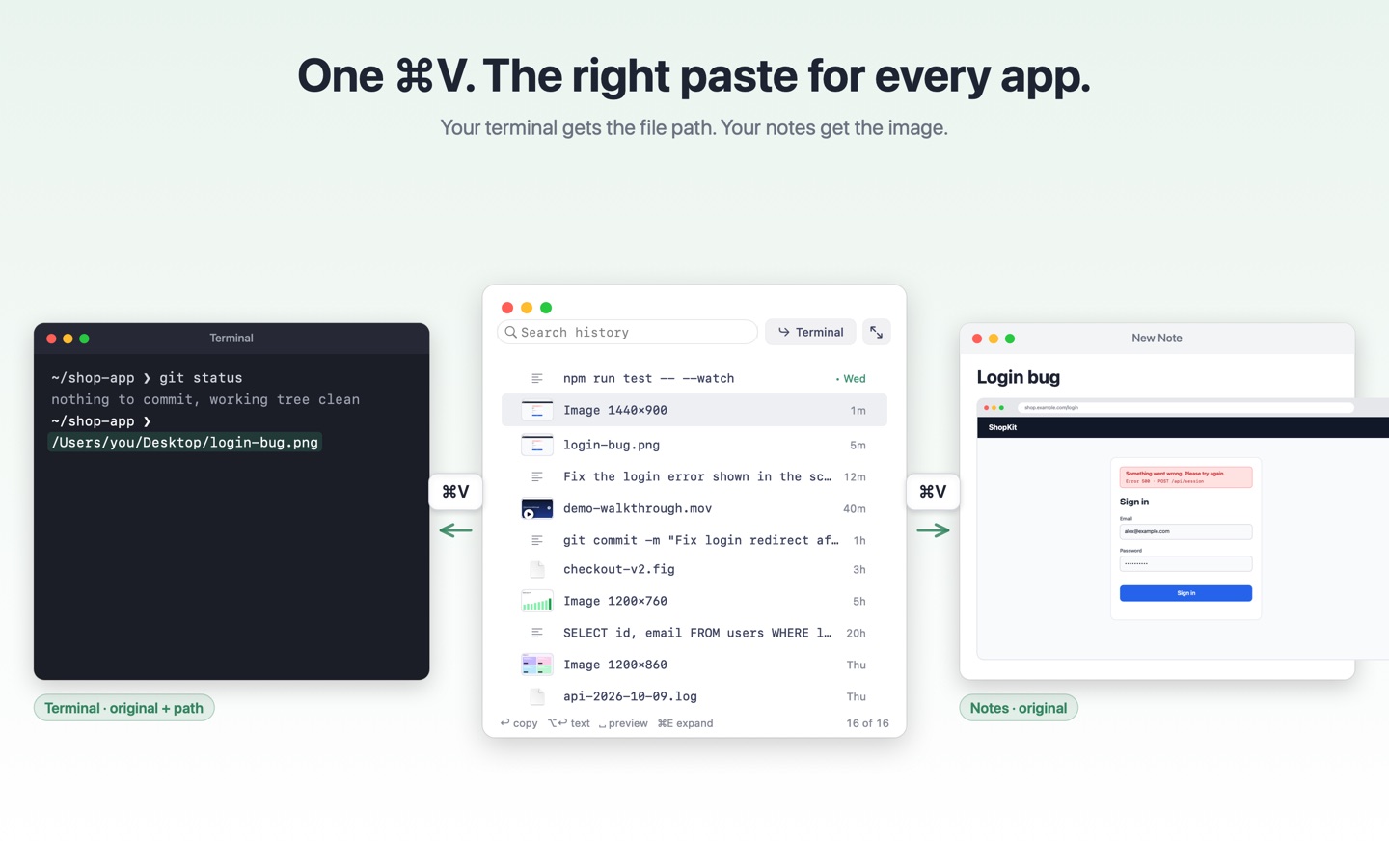 One ⌘V. The right paste for every app.