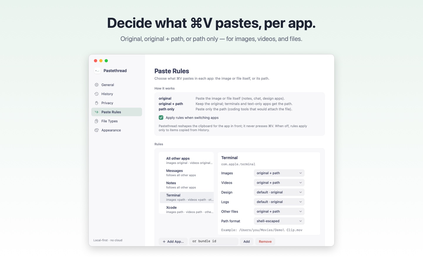 Decide what ⌘V pastes, per app.