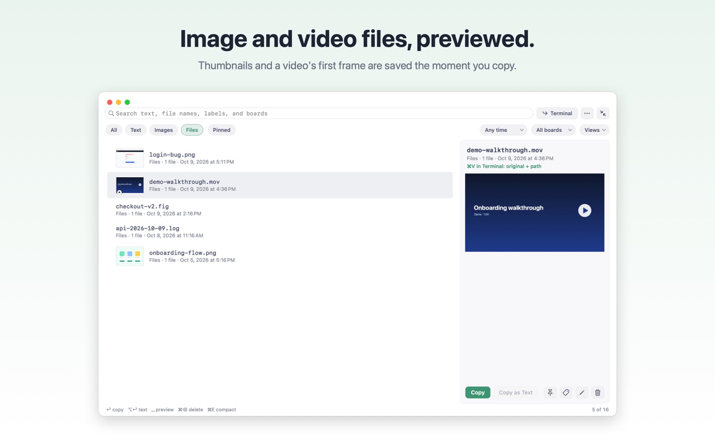 Image and video files, previewed.